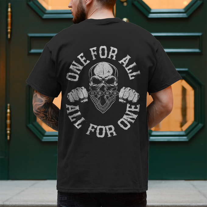 Biker T-Shirt "One for all, all for one" Rückendruck – Produktansicht
