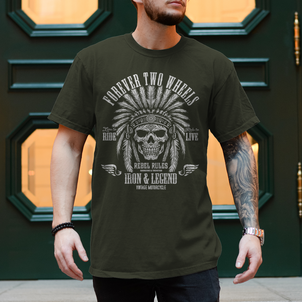 Biker T-Shirt "Forever Two Wheel" Skull Indian