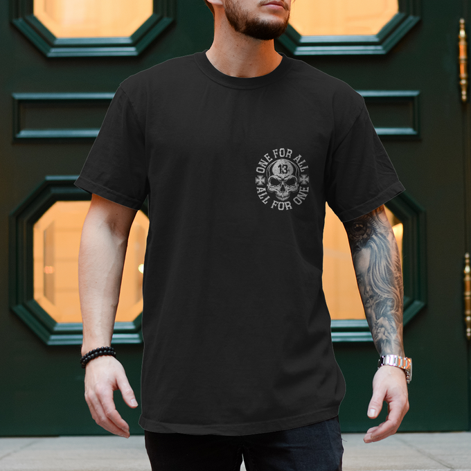 Biker T-Shirt "One for all, all for one" Brust und Rückendruck Variante 3 – Produktansicht
