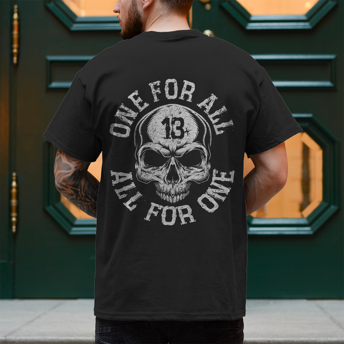Biker T-Shirt "One for all, all for one" Brust und Rückendruck – Produktansicht