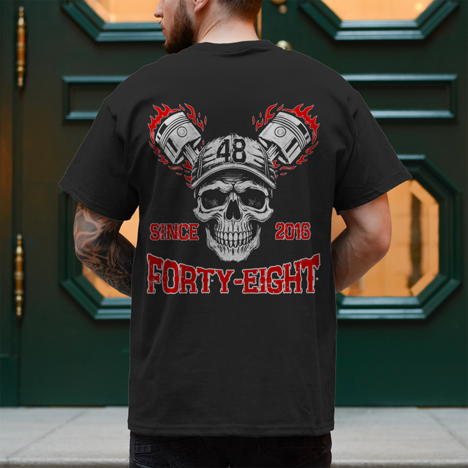 Biker T-Shirt Forty-Eight, Biker T-Shirt Brust und Rückendruck Variante 2 – Produktansicht