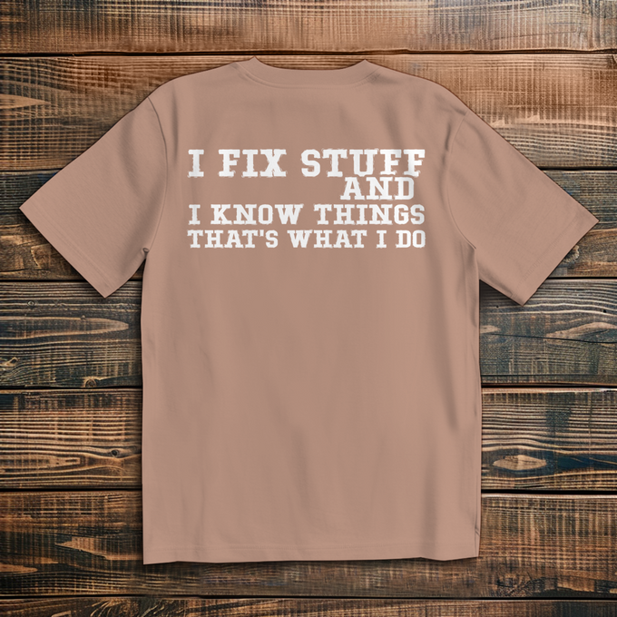 Oversize Biker Rückendruck T-Shirt: I Fix Stuff And I Know Things That's What I Do – Rückansicht