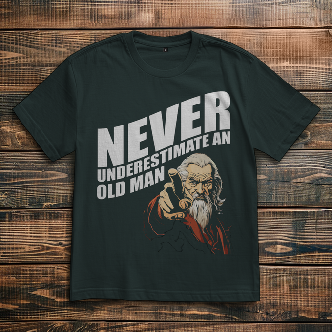 Biker Shirt mit dem Spruch: „Never underestimate an Old Man“ – Vorderansicht