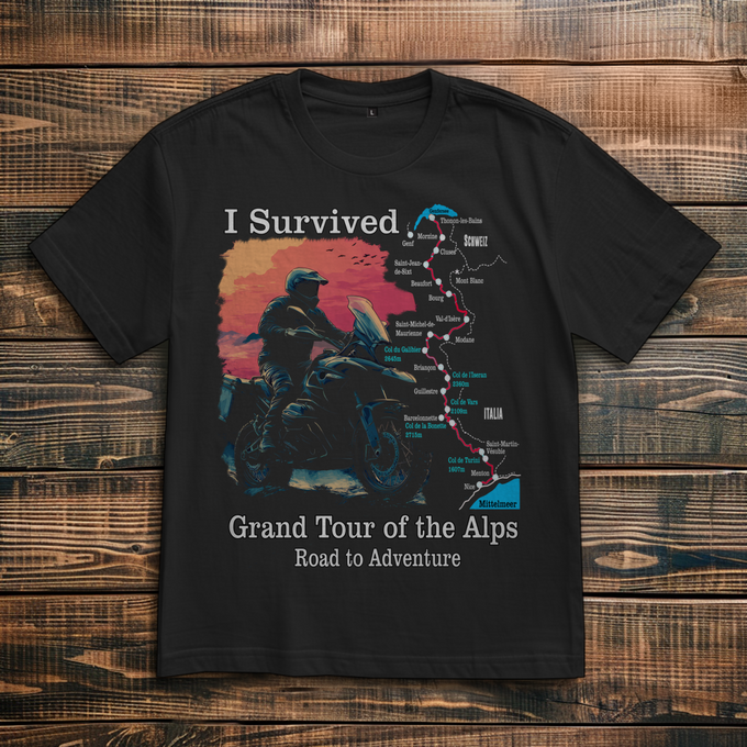 Biker Shirt: Survived the Grand Route of the Alps – Vorderansicht