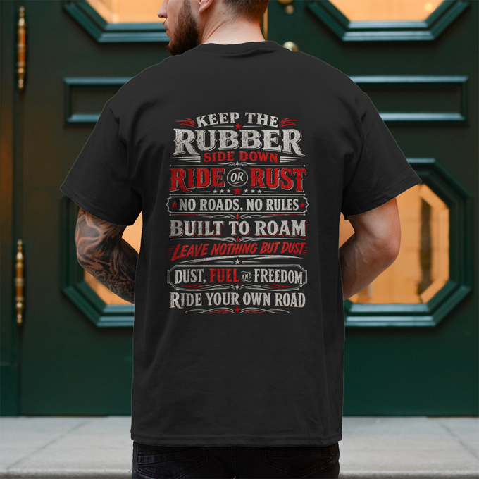 Biker Shirt: Backprint RIDE OR RUST · NO ROADS, NO RULES · DUST, FUEL – Rückansicht