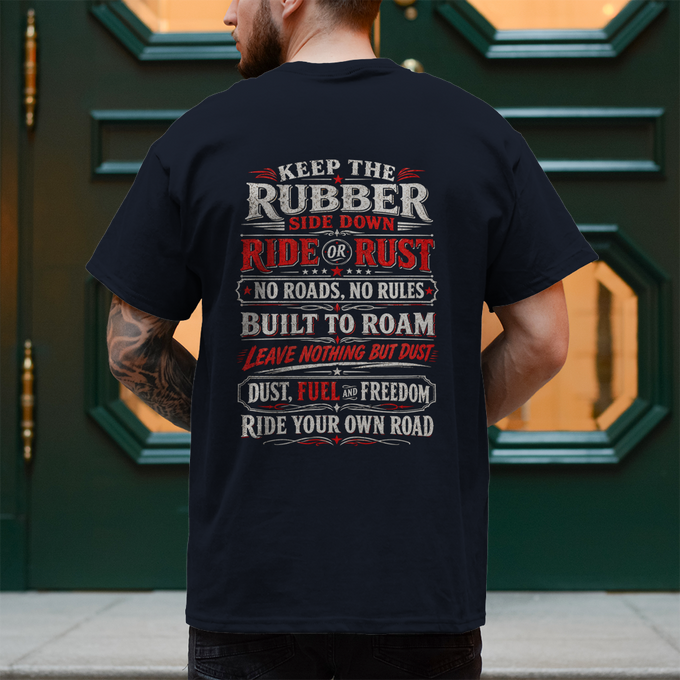 Biker Shirt: Backprint RIDE OR RUST · NO ROADS, NO RULES · DUST, FUEL – Rückansicht