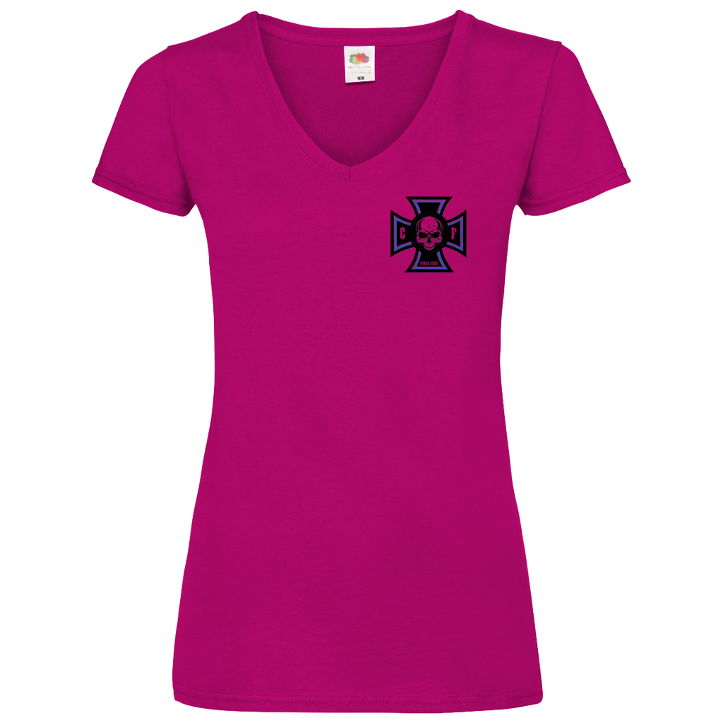 Chopper-Freunde Damen Basic V-Neck T-Shirt: Brust und Rücken Druck