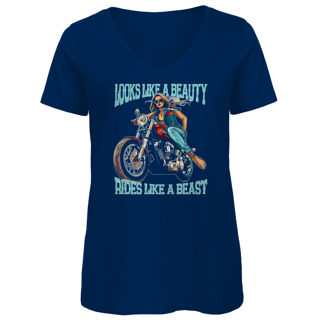 Damen Premium Bio V-Neck T-Shirt "Looks Like A Beauty Rides Like A Beast" Variante1