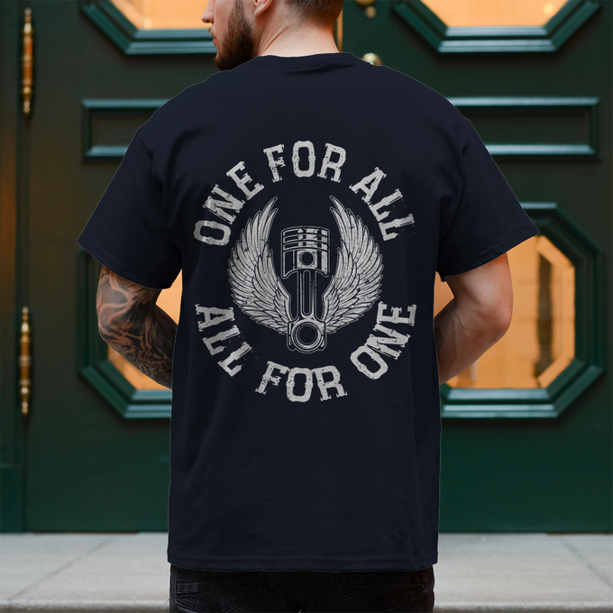 Biker T-Shirt "One for all, all for one" Rückendruck Variante 2 – Produktansicht
