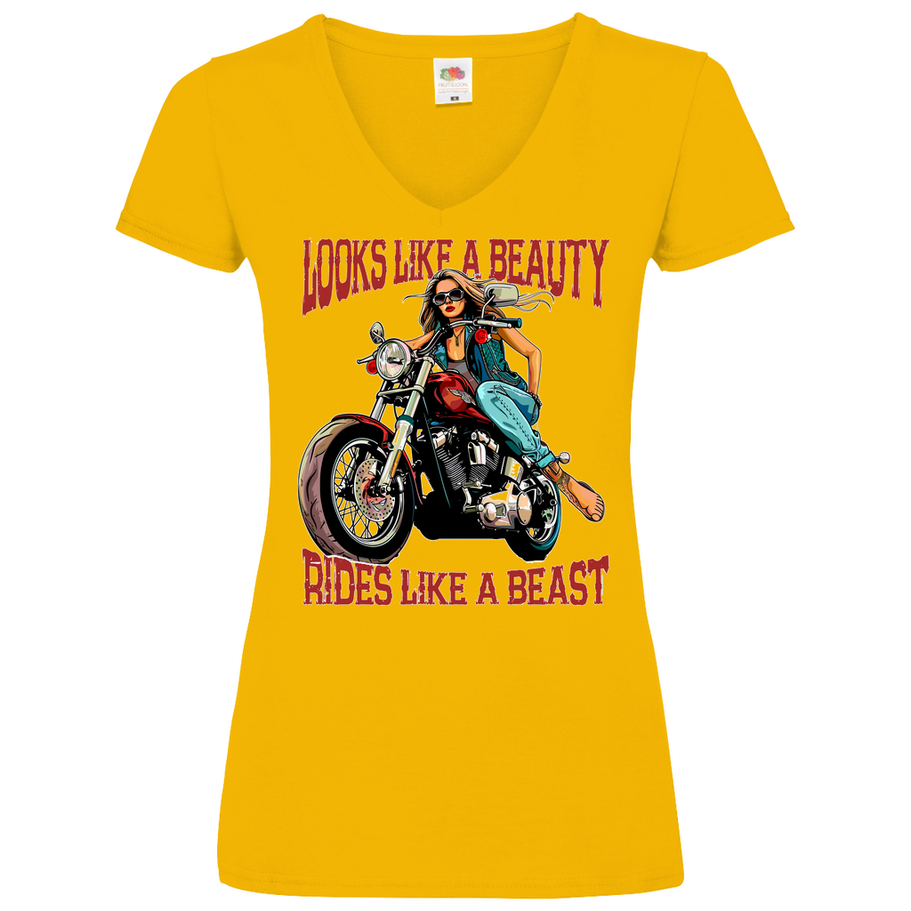 Damen Premium Bio V-Neck T-Shirt "Looks Like A Beauty Rides Like A Beast" Variante 2