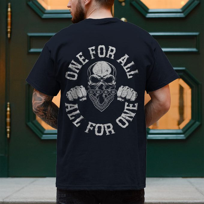 Biker T-Shirt "One for all, all for one" Rückendruck – Produktansicht