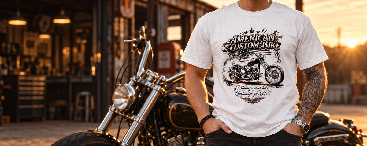 American Custom Bike Biker T-Shirt mit Frontprint an einer Garage im Abendlicht – KI-Mockup