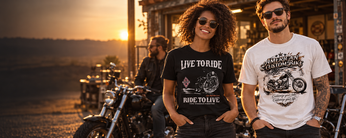 Biker-Crew mit Live to Ride Damen-Shirt und American Custom Shirt im Abendlicht – KI-Mockup