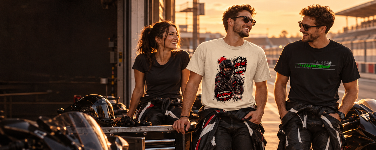 Race-Biker-Crew mit Life Is Better on a Superbike und Speed Zone Shirts an der Boxengasse – KI-Mockup