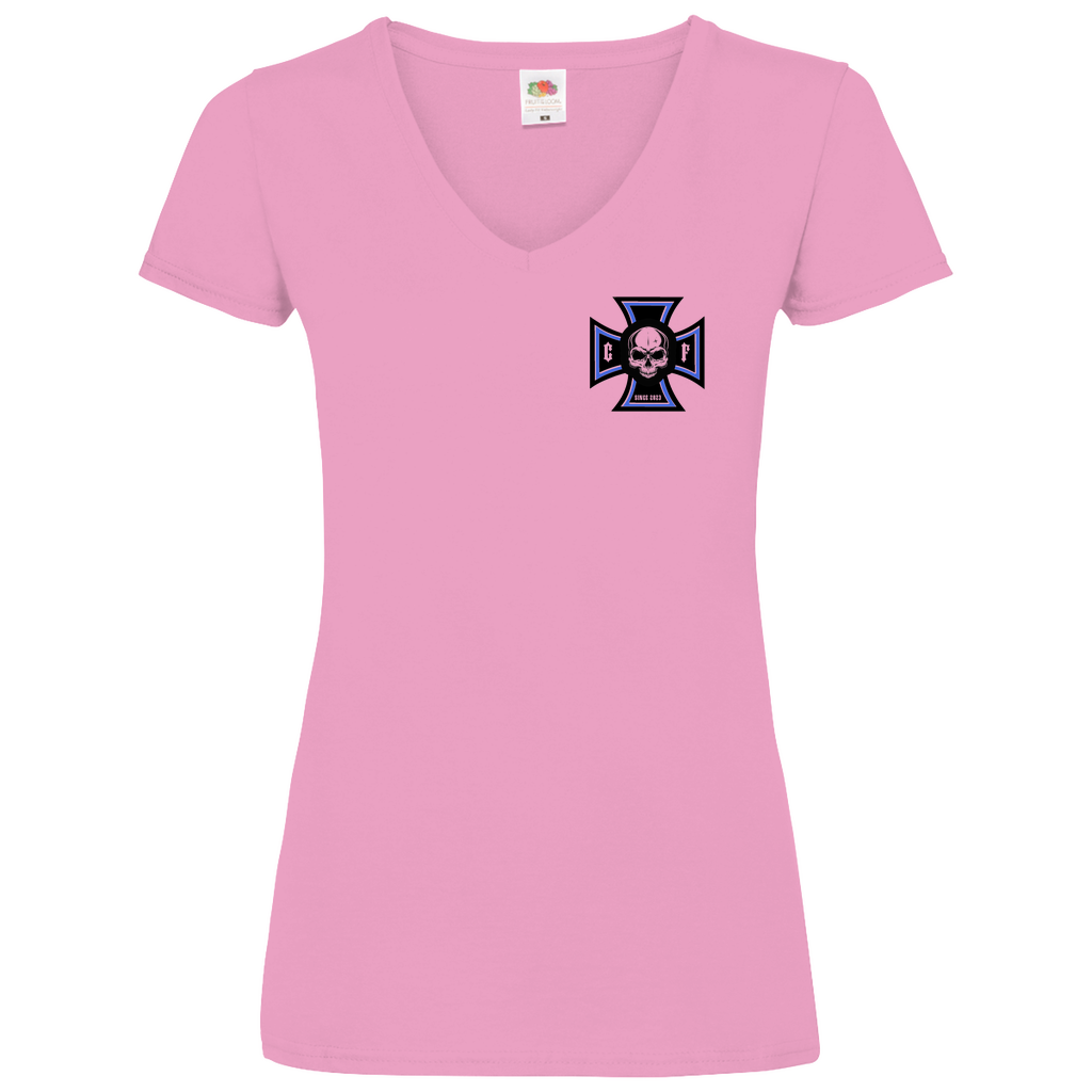 Chopper-Freunde Damen Basic V-Neck T-Shirt: Brust und Rücken Druck