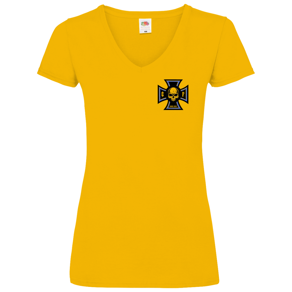 Chopper-Freunde Damen Basic V-Neck T-Shirt: Brust und Rücken Druck