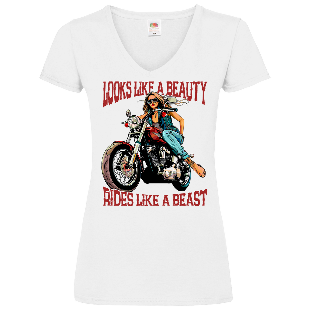 Damen Premium Bio V-Neck T-Shirt "Looks Like A Beauty Rides Like A Beast" Variante 2