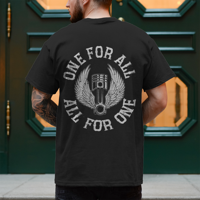 Biker T-Shirt "One for all, all for one" Rückendruck Variante 2 – Produktansicht