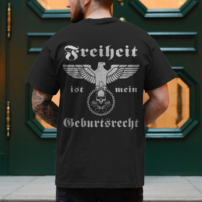 Biker T-Shirt mit dem Statement "Freiheit ist mein Geburtsrecht" Backprint – Produktansicht
