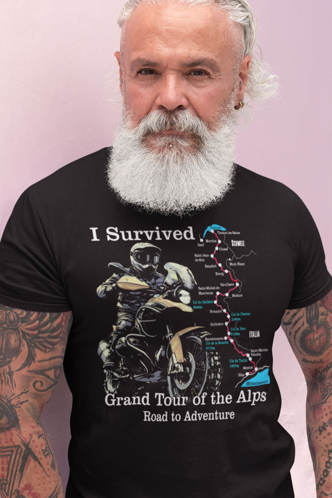 Biker Shirt: Survived the Grand Route of the Alps Version 3 – Weiß – Produktansicht