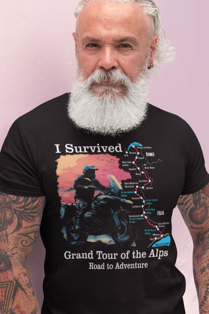 Biker Shirt: Survived the Grand Route of the Alps – Weiß – Produktansicht
