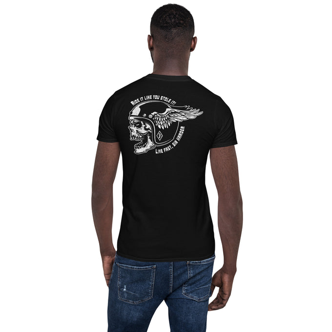 Biker Motorrad T-Shirt "Ride it like you stole it! Live fast, sin harder" Rückendruck Variante 2 – Schwarz – Rückansicht
