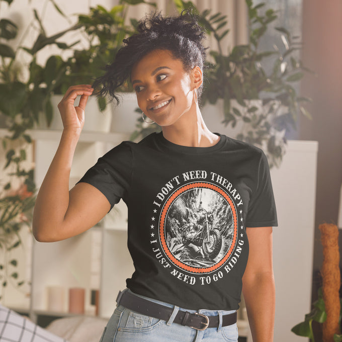 Biker Motorrad T-Shirts "I don't need therapy I just need to go riding " Variante 2 – Schwarz – Vorderansicht