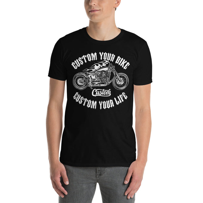 Biker Motorrad T-Shirt" Custom your Biker Custom Your Life" Variante 2 – Schwarz – Vorderansicht