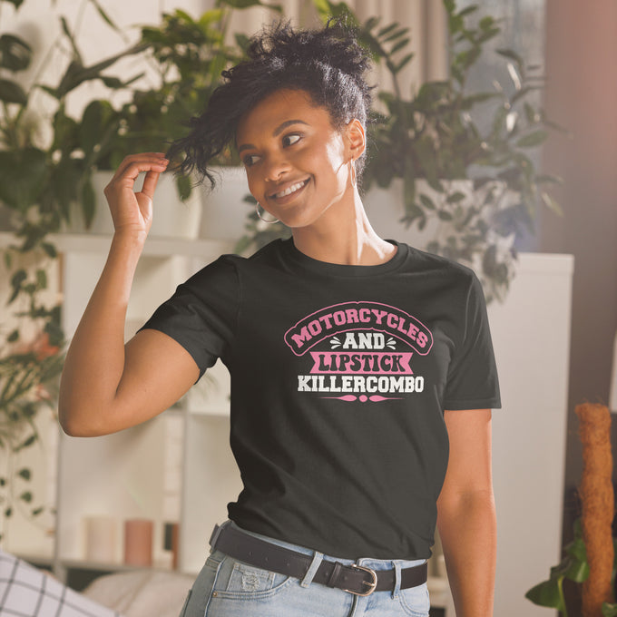 Damen T-Shirt "Motorcycles and Lipstick" – Schwarz – Vorderansicht
