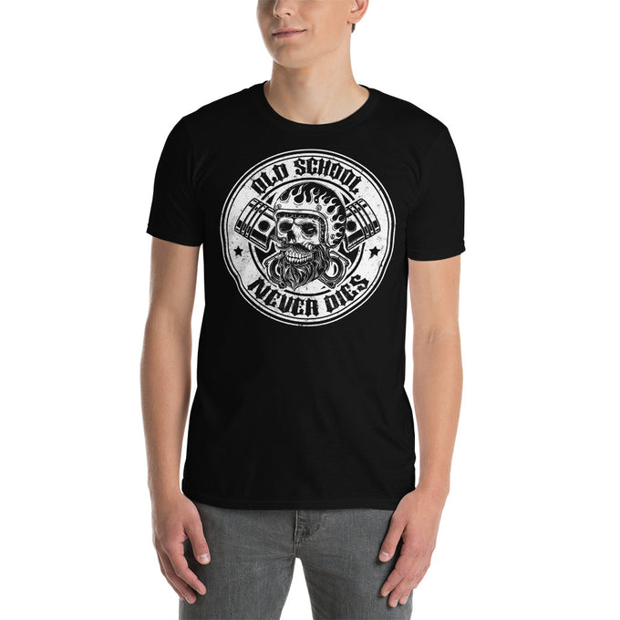 Biker Motorrad T-Shirts "Old School Never Die" Variante 2 – Schwarz – Vorderansicht