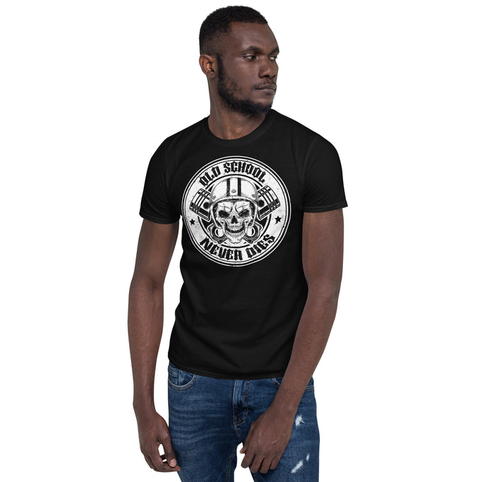 Biker Motorrad T-Shirt"Old School Never Die" Variante 3 – Schwarz – Vorderansicht