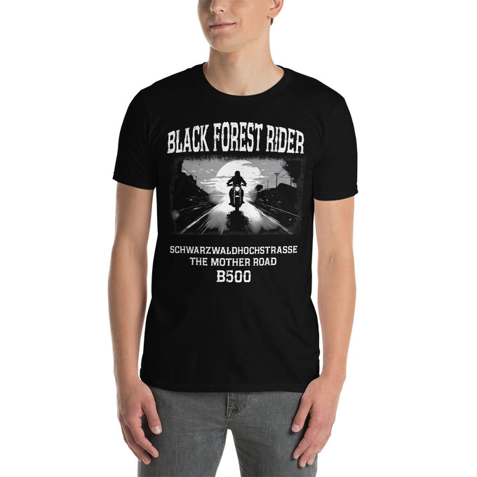 Biker Motorrad T-Shirt "Schwarzwaldhochstrasse B500 Black Forest Rider" Variante 1 – Schwarz – Vorderansicht