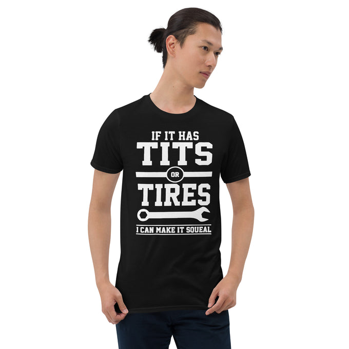 Biker Motorrad T-Shirts " TITIS OR TIRES Fun Motiv" – Schwarz – Vorderansicht