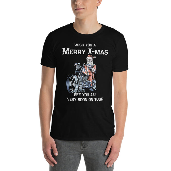 Herren T-Shirt " Merry X-Mas and a heavy new year see you all very soon on tour" – Schwarz – Vorderansicht