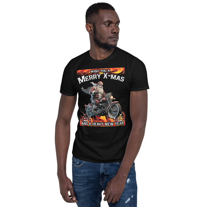 Herren T-Shirt " Merry X-Mas and a heavy new year " Variante 1 – Schwarz – Vorderansicht