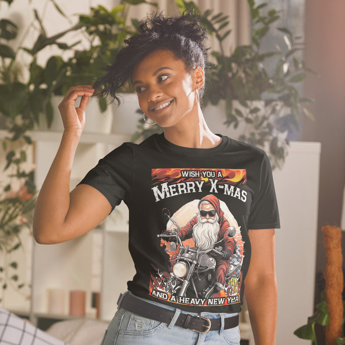 Herren T-Shirt " Merry X-Mas and a heavy new year " Variante 2 – Schwarz – Vorderansicht