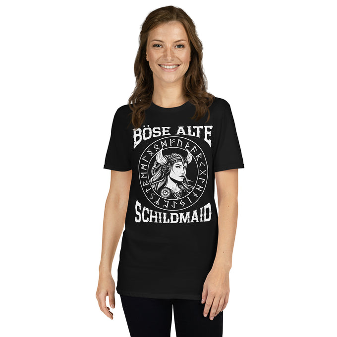 Damen T-Shirt und Hoodies Wikinger " Böse Alte Schildmaid" Variante 5 – Schwarz – Vorderansicht