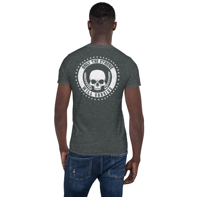 Biker Motorrad T-Shirt"ONLY THE STROG WILL SURVIVE" Rückendruck – Dunkelgrau meliert – Rückansicht