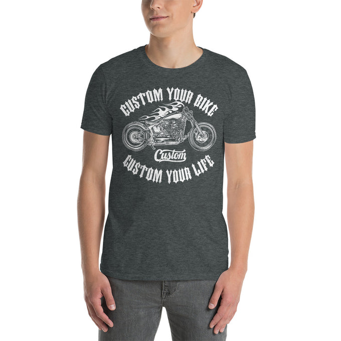 Biker Motorrad T-Shirt" Custom your Biker Custom Your Life" Variante 2 – Dunkelgrau meliert – Vorderansicht