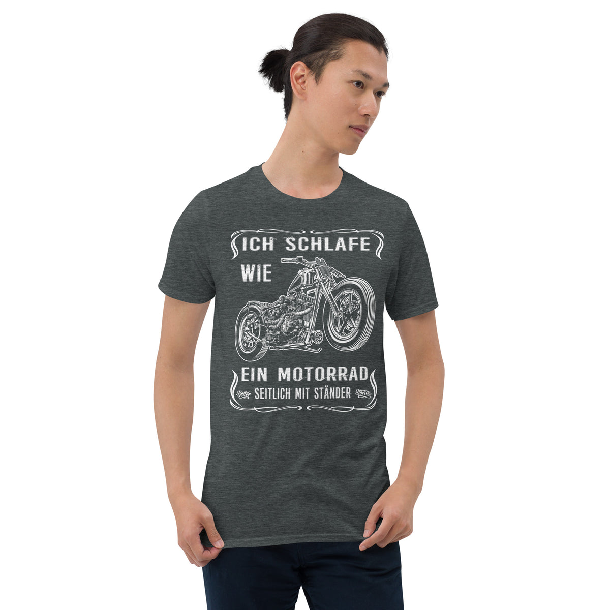 Herren T-Shirt " Ich schlafe wie ein Motorrad Seitlich mit Ständer" Variante 2