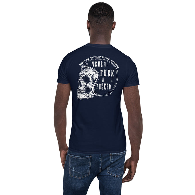 Biker Motorrad T-Shirts"Ride it like you stole it! Live fast, "Rückendruck" – Marineblau – Rückansicht