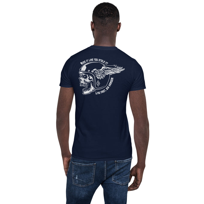 Biker Motorrad T-Shirt "Ride it like you stole it! Live fast, sin harder" Rückendruck Variante 2 – Marineblau – Rückansicht