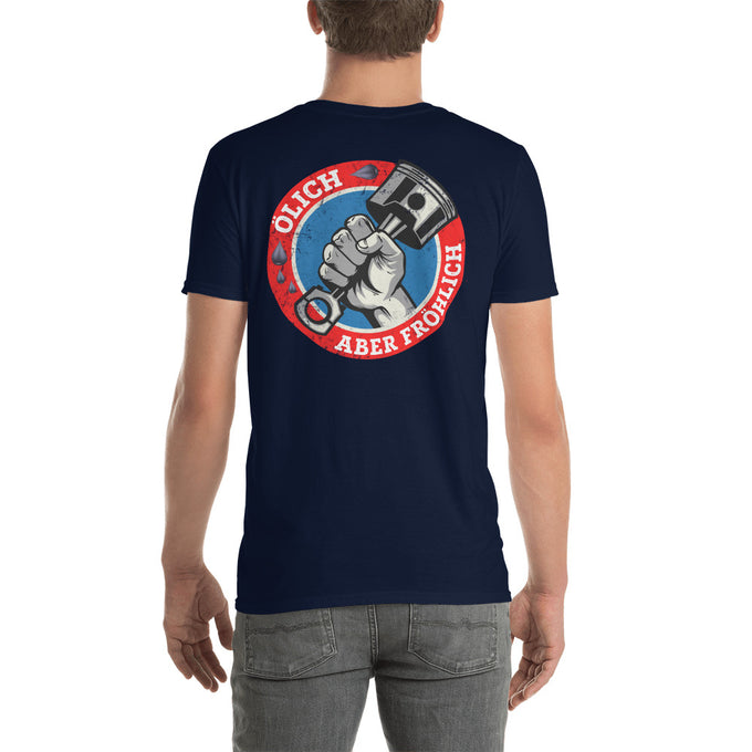 Biker Motorrad T-Shirts "Ölich aber fröhlich" Variante 2 – Marineblau – Rückansicht