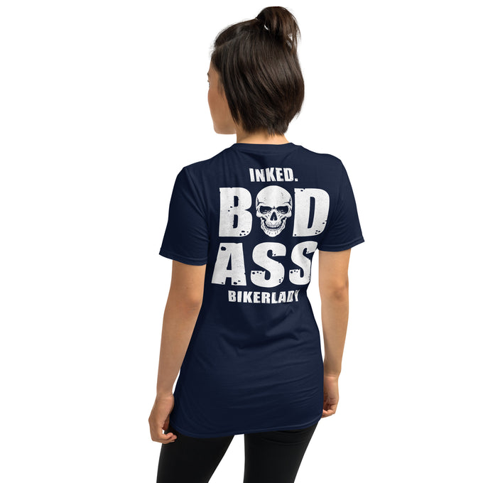 Damen T-Shirt "Inked. Bad Ass Bikerlady" Variante 1 – Marineblau – Rückansicht