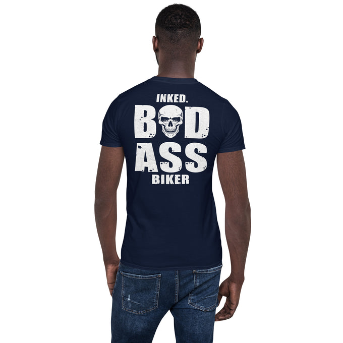 Biker Motorrad T-Shirts " Inked. Bad Ass Biker" Variante 1 – Marineblau – Rückansicht