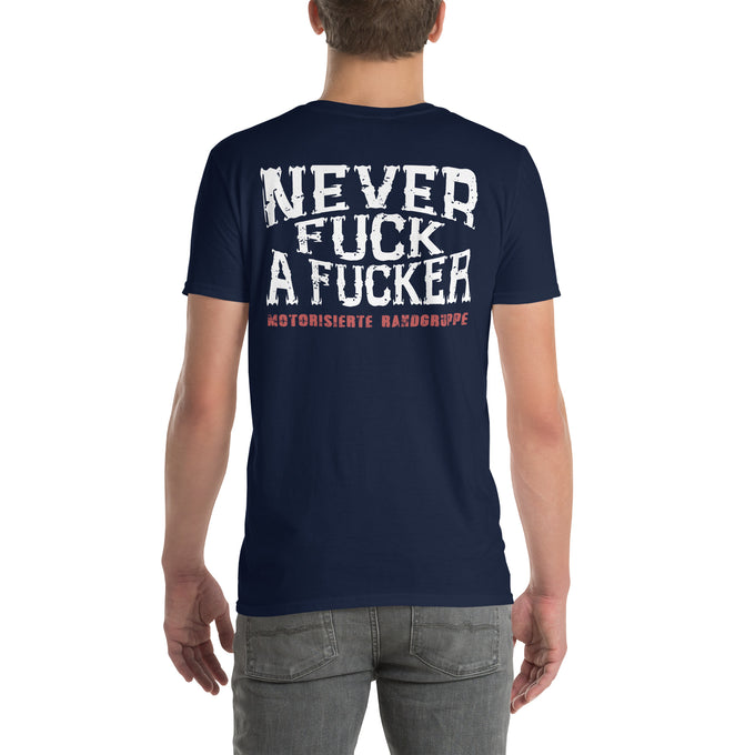 Biker Motorrad T-Shirts "Never Fck a Fcker Motorisierte Randgruppe" Variante 6 – Marineblau – Rückansicht