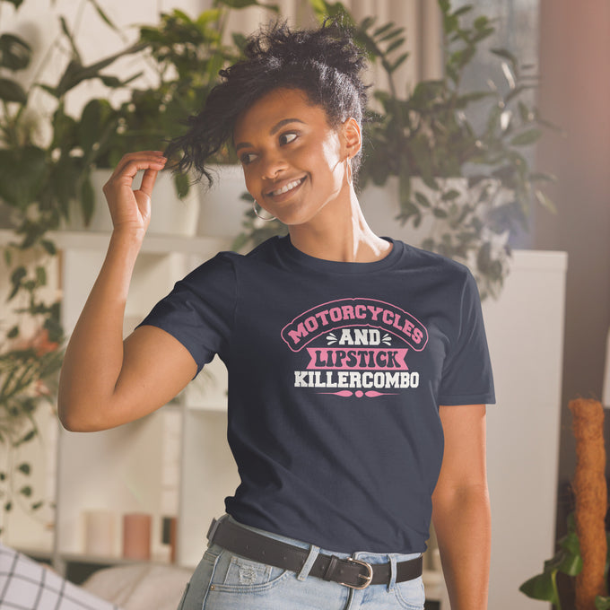 Damen T-Shirt "Motorcycles and Lipstick" – Marineblau – Vorderansicht