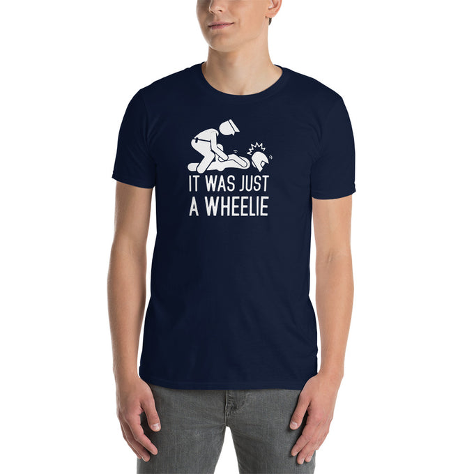 Biker Motorrad T-Shirt "It was just a Wheelie" – Marineblau – Vorderansicht