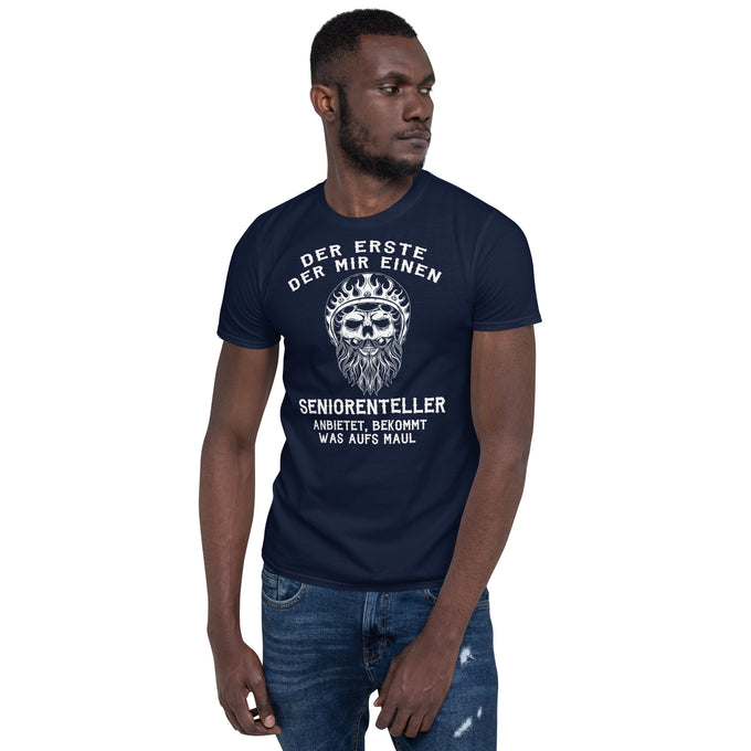 Biker Motorrad T-Shirt "Der erste der mir einen Seniorenteller anbietet, bekommt was aufs Maul" Variante 3 – Marineblau – Vorderansicht