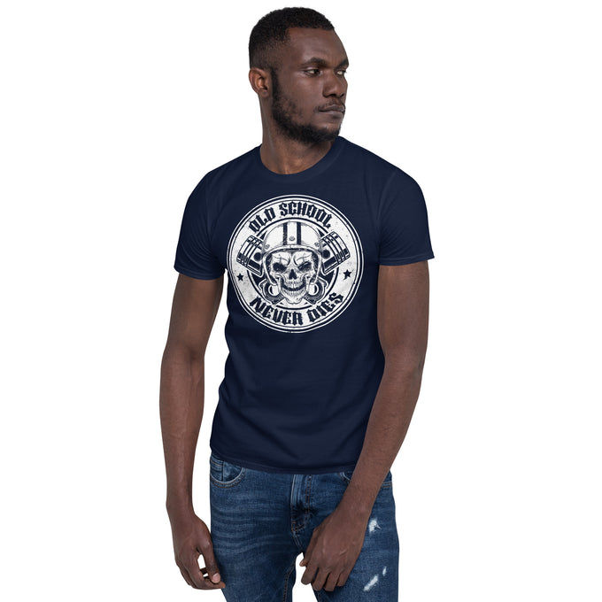 Biker Motorrad T-Shirt"Old School Never Die" Variante 3 – Marineblau – Vorderansicht